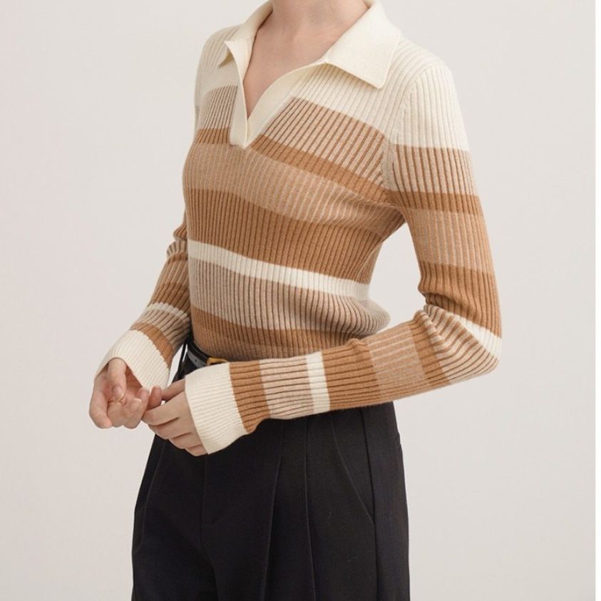 ブルベ夏服　襟付きマルチボーダーリブニット長袖トップス