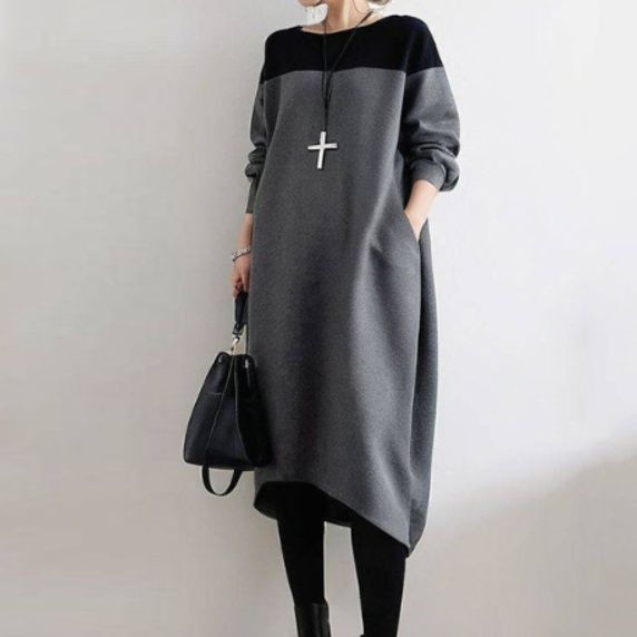 ブルベ冬服　配色切替裾変形長袖ニットワンピース