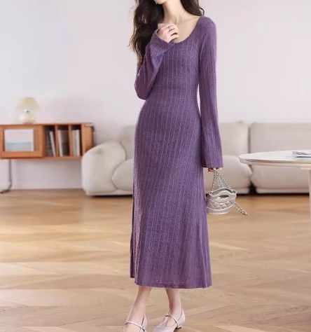 ブルベ夏/ブルベ冬服　ケーブル編みニット長袖ミディ丈ワンピース