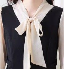 ブルベファッション 襟元リボン付きバイカラー長袖切替ワンピース