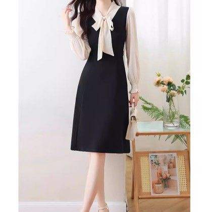 ブルベファッション 襟元リボン付きバイカラー長袖切替ワンピース