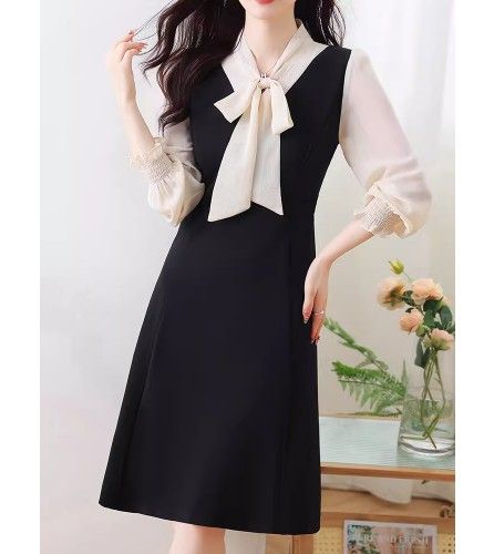 ブルベファッション 襟元リボン付きバイカラー長袖切替ワンピース