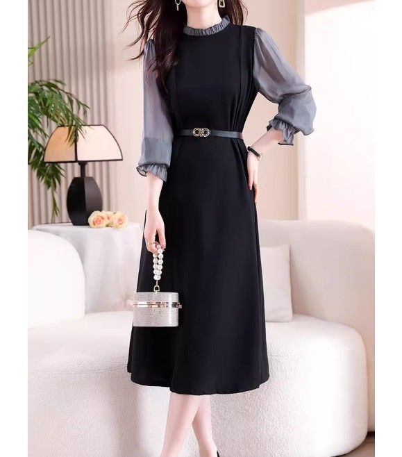 ブルベ冬服　透け感袖シアーフリル襟付きベルト付きワンピース