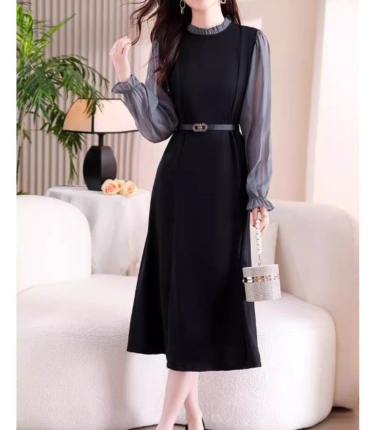 ブルベ冬服　透け感袖シアーフリル襟付きベルト付きワンピース