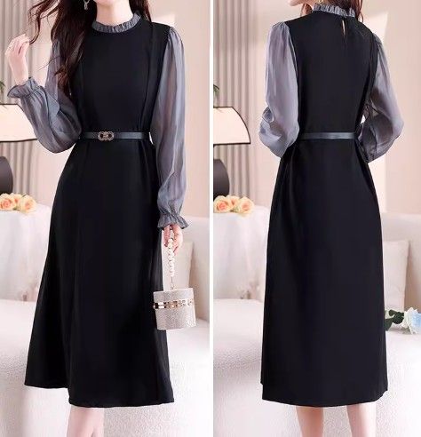ブルベ冬服　透け感袖シアーフリル襟付きベルト付きワンピース
