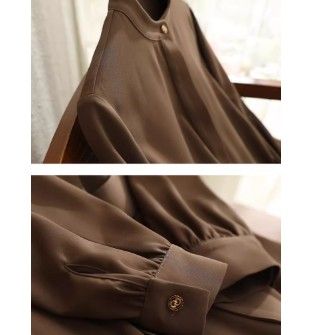 ブルベ夏服　バンドカラー共布リボンベルト付き長袖膝丈ワンピース