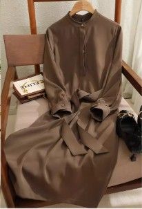 ブルベ夏服　バンドカラー共布リボンベルト付き長袖膝丈ワンピース