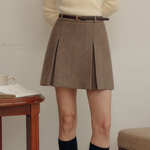 ブルベファッション プリーツ切替ウールミックス台形ミニスカート
