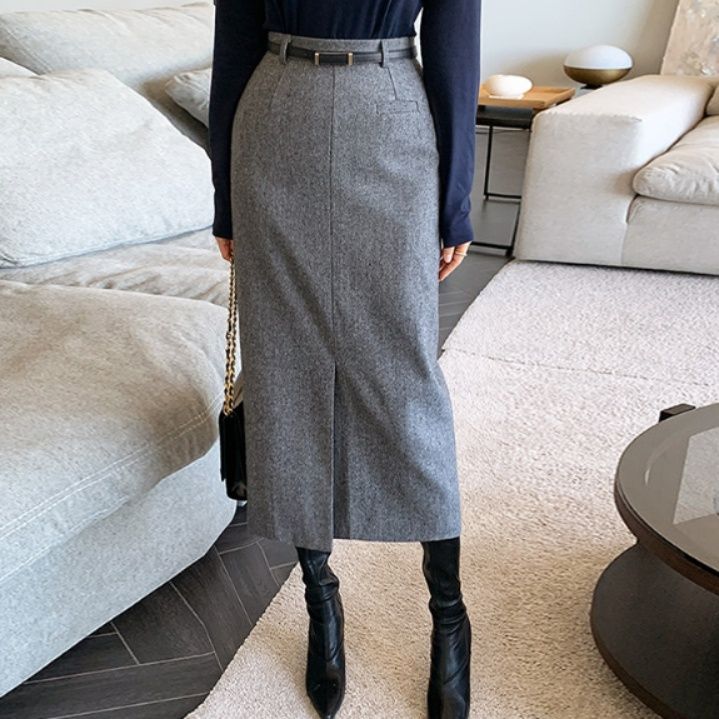 ブルベ夏/ブルベ冬服　ヘリンボーン柄ウール混ハイウエストロングスカート