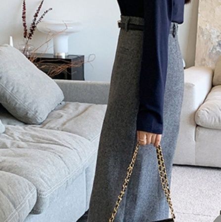 ブルベ夏/ブルベ冬服　ヘリンボーン柄ウール混ハイウエストロングスカート