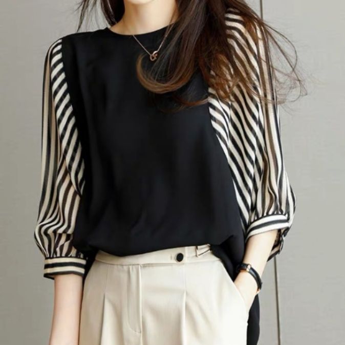 ブルベ冬服　異素材切替袖バイカラーブラウス