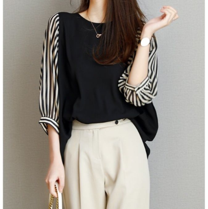 ブルベ冬服　異素材切替袖バイカラーブラウス