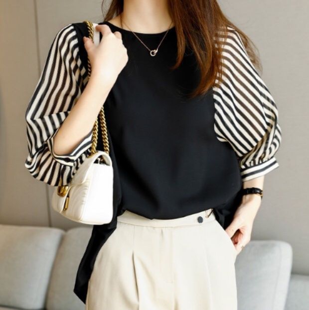 ブルベ冬服　異素材切替袖バイカラーブラウス