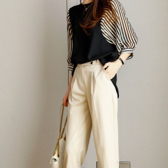 ブルベ冬服　異素材切替袖バイカラーブラウス