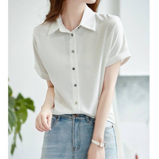 ブルベファッション 開襟デザイン半袖とろみ素材ブラウス