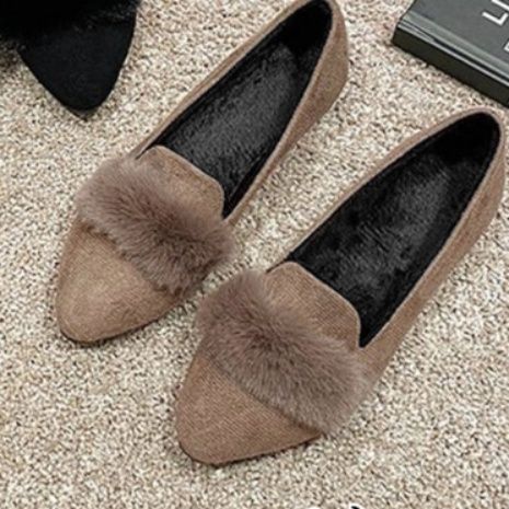 ブルベ夏/ブルベ冬靴　ふわふわファー付きぺたんこシューズ尖りパンプス