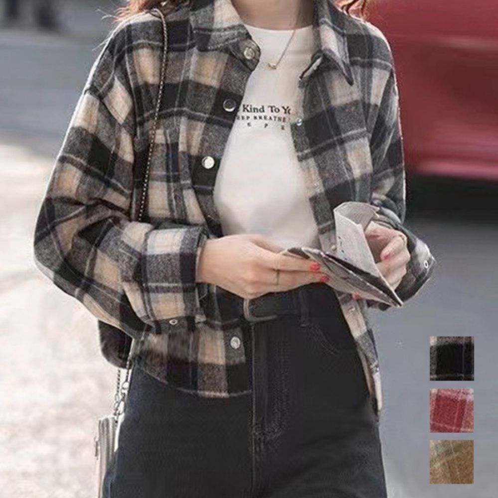 ブルベ夏/ブルベ冬服　チェック柄ショート丈長袖シャツ ブラウス