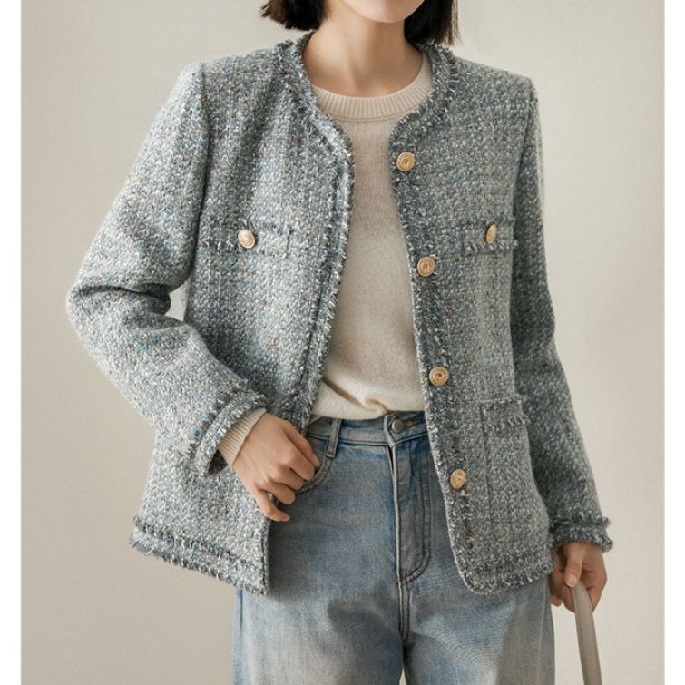 ブルベ夏/ブルベ冬服　上品ツイード調ノーカラージャケット