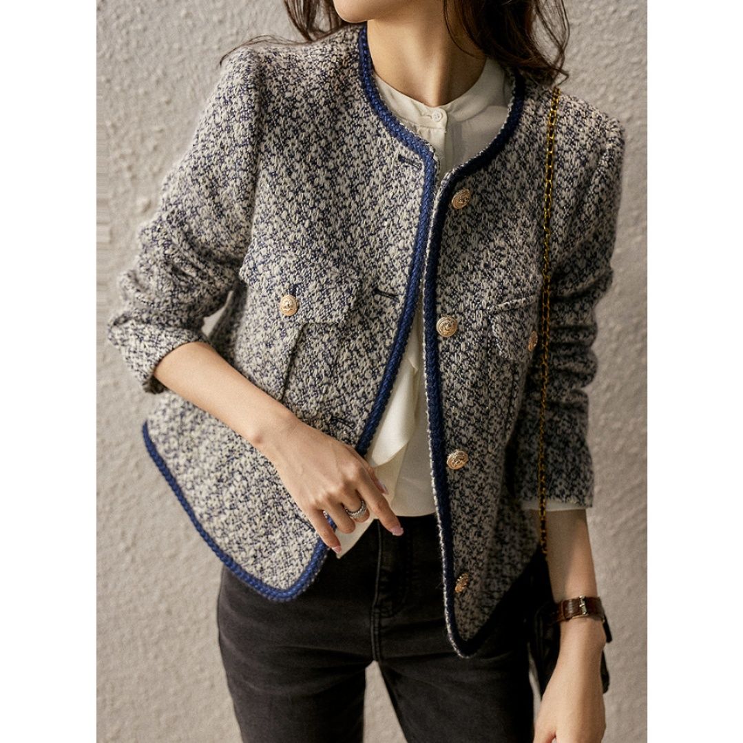 ブルベ夏/ブルベ冬服　配色パイピングツイードノーカラージャケット