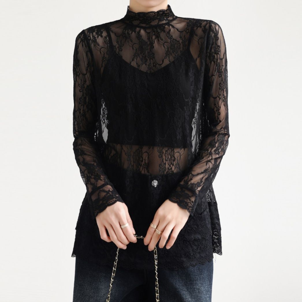 ブルベ夏/ブルベ冬服　レース透け感ハイネック長袖ブラウス