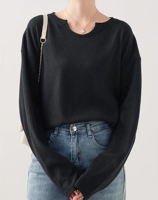 ブルベ夏/ブルベ冬服　立体リブ編みゆったりブイネックニットトップス