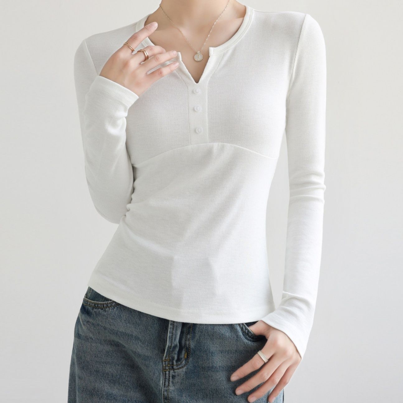 ブルベ夏/ブルベ冬服　ヘンリーネックリブ編み長袖Tシャツ