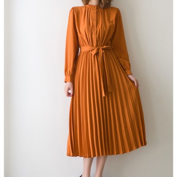 ブルベ夏/ブルベ冬服　プリーツスカート長袖リボンベルト付きワンピース