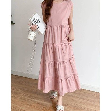 ブルベ夏/ブルベ冬服　ティアードフリルノースリーブマキシ丈ワンピース