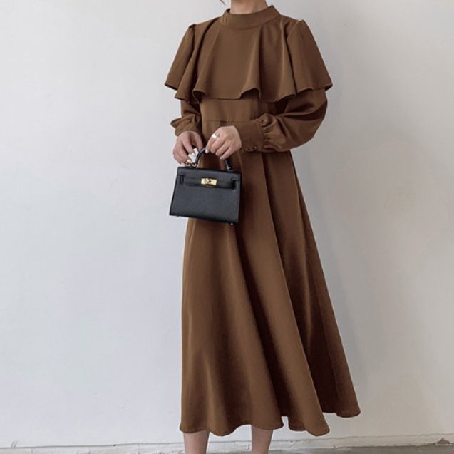 ケープ風フリル襟長袖ロング丈ワンピース