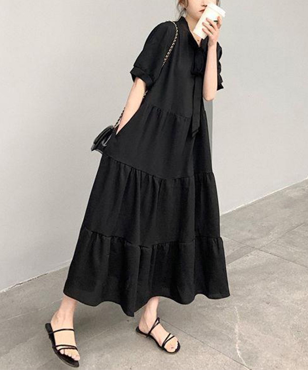 ブルベ冬服　リボンタイ ティアードワンピースミモレ丈