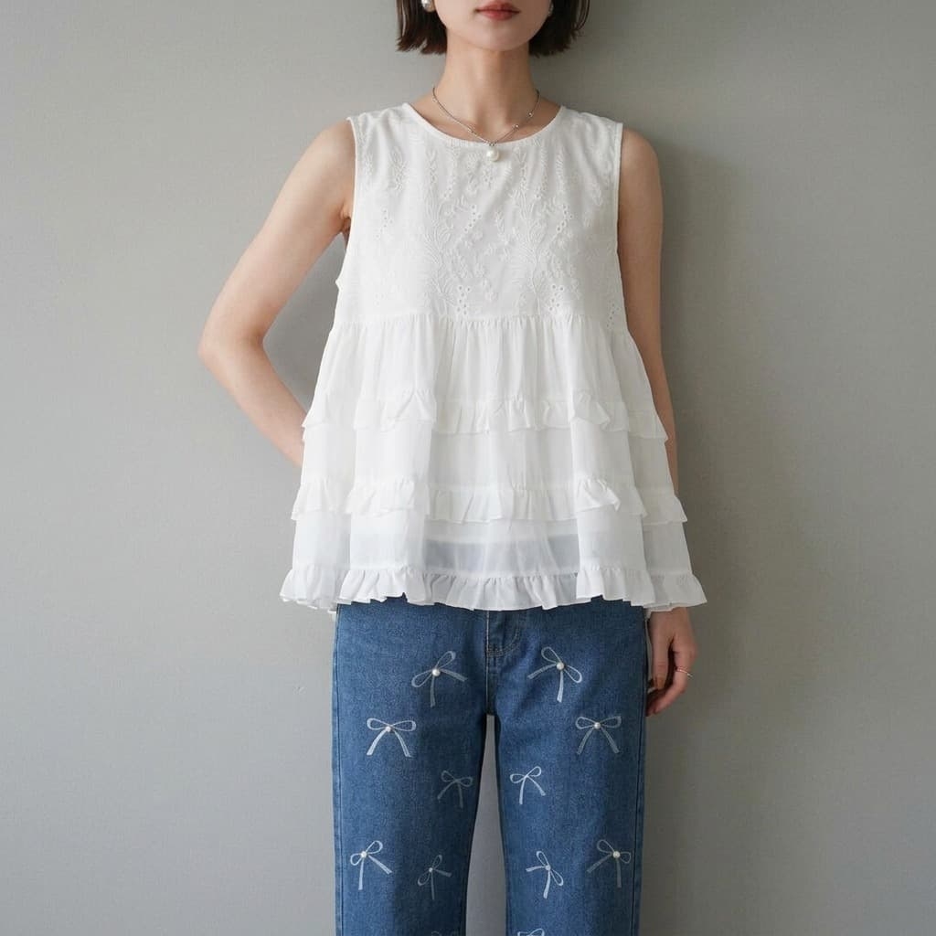 ブルベ夏/ブルベ冬服　刺繍 ノースリーブ タンクトップ