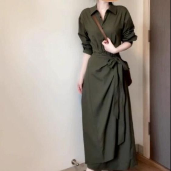 ブルベ冬服　襟付きウエストリボンロング丈シャツワンピース
