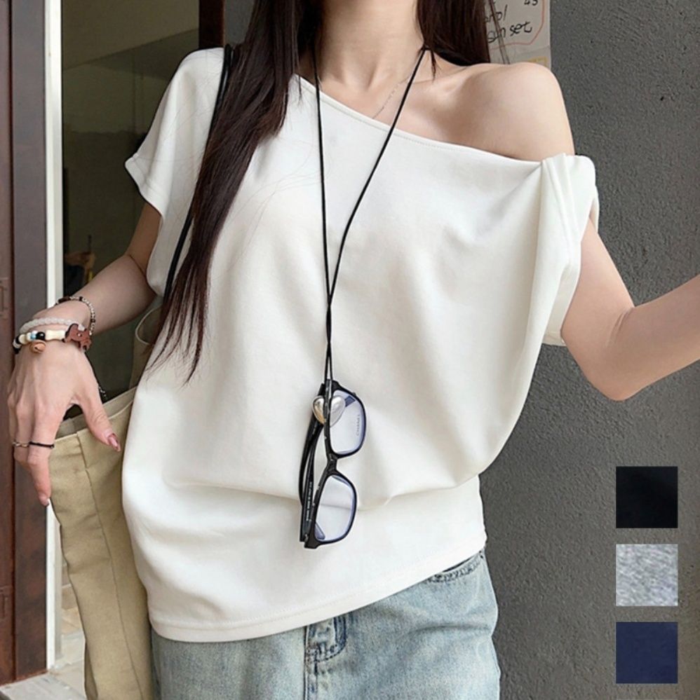 ブルベ夏/ブルベ冬服　華奢見え ワンショルダー 半袖 Tシャツ