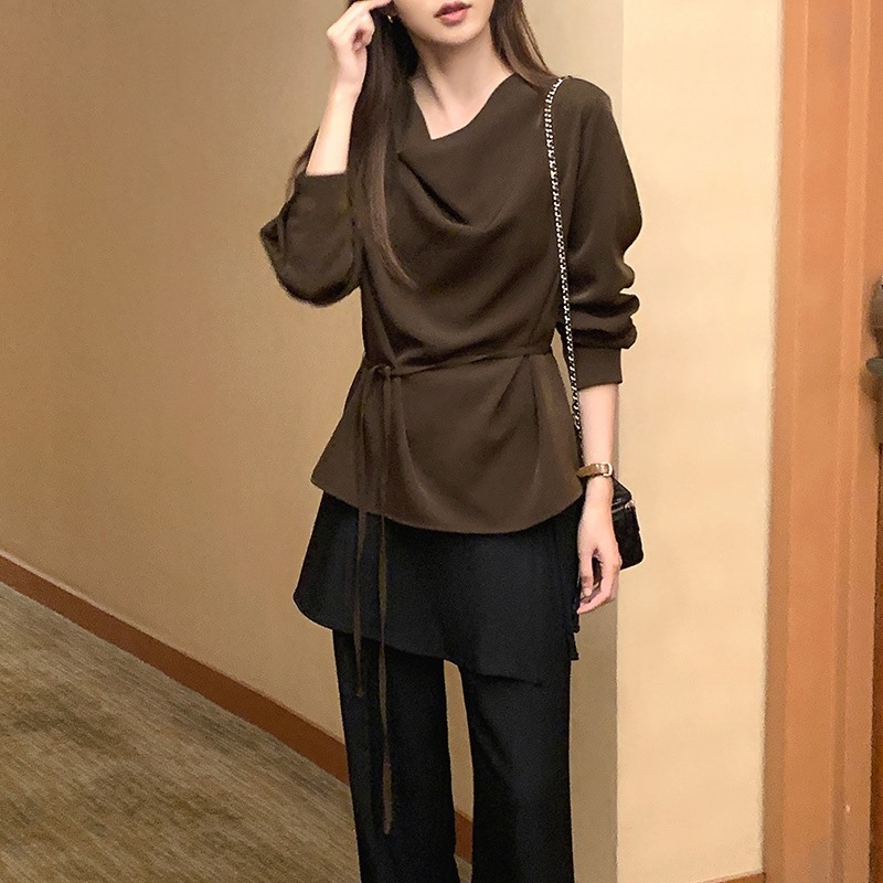 ブルベ夏/ブルベ冬服　アシンメトリー襟 リボン付き長袖トップス
