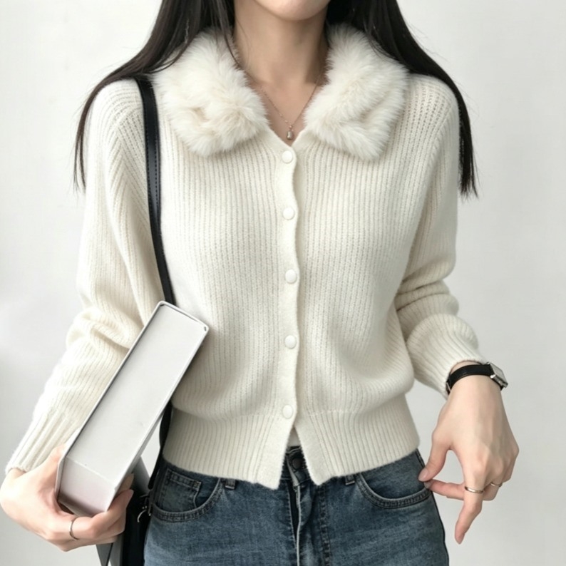 ブルベ夏/ブルベ冬服　大きめ襟 リブニットカーディガン