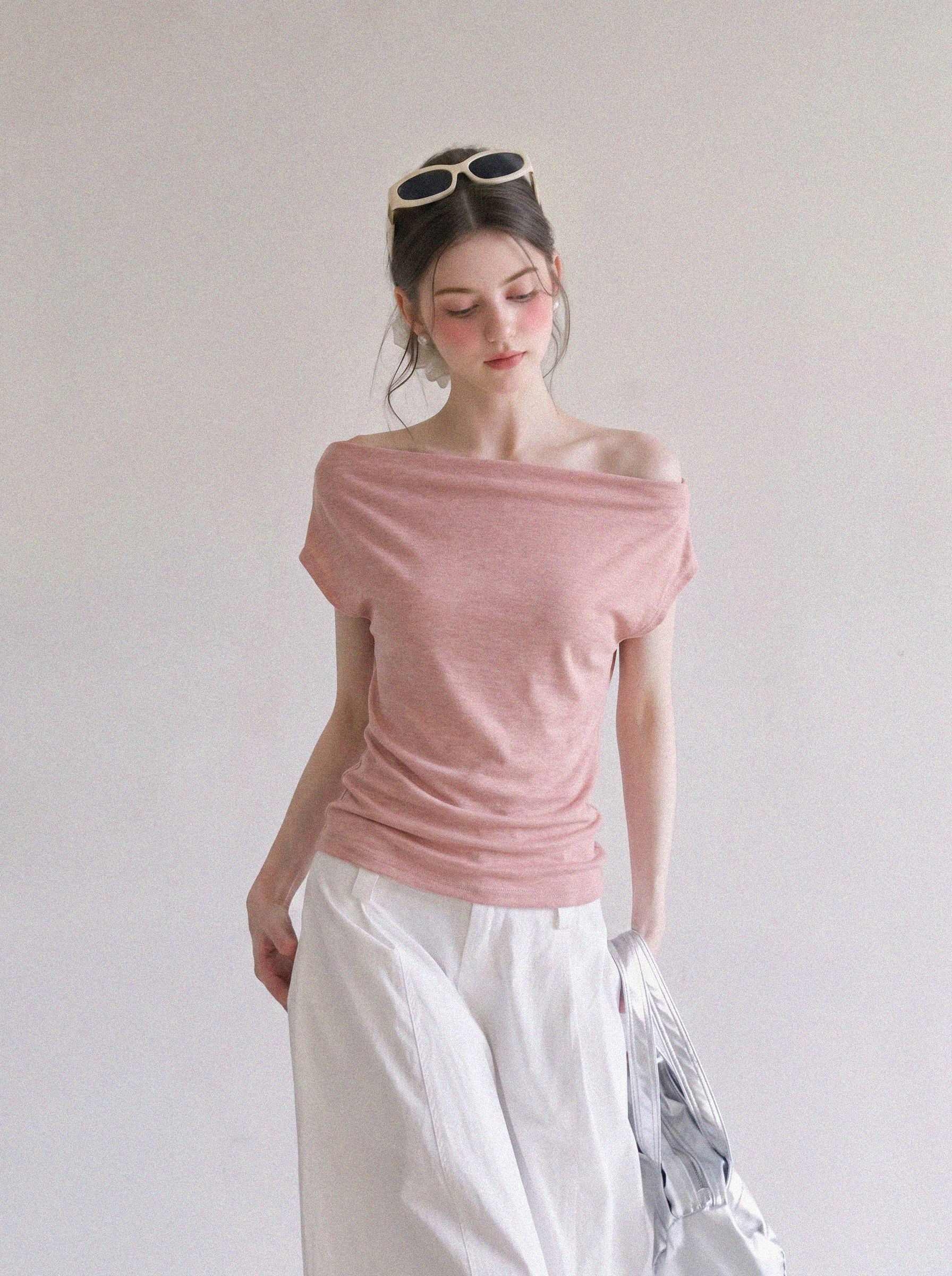 ブルベ夏/ブルベ冬服　斜めネック 肩見せ半袖ニットトップス