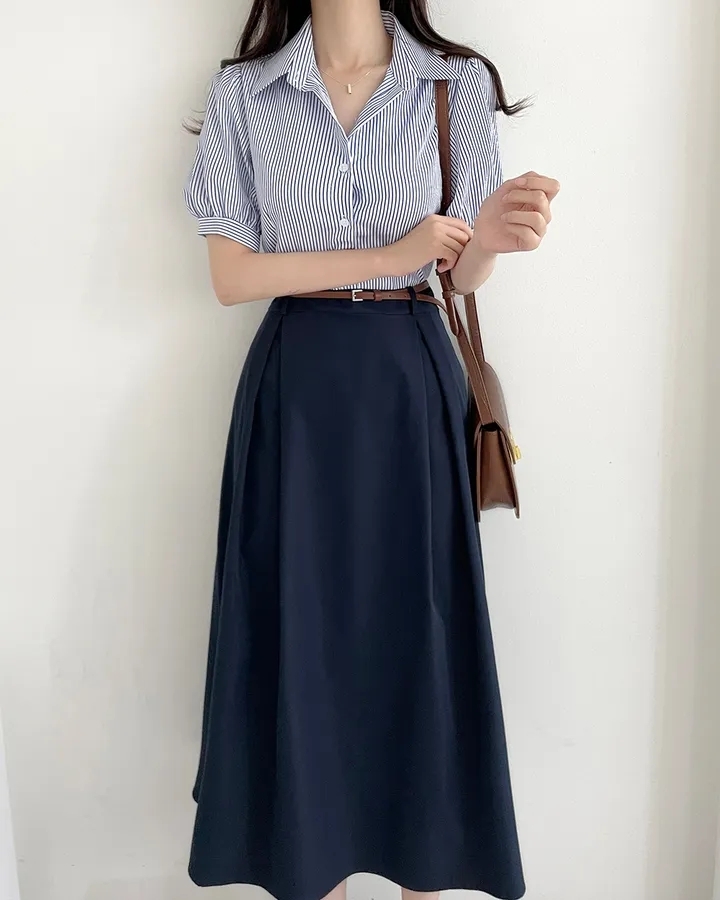 ブルベ夏/ブルベ冬服　ベルト付き 切替半袖シャツワンピース