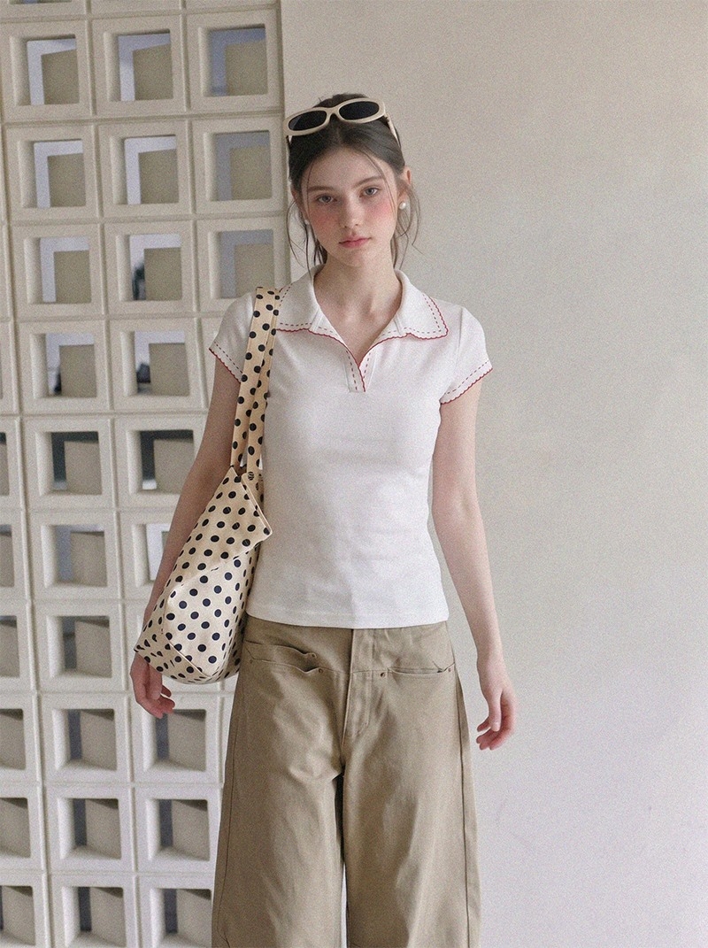 ブルベ夏/ブルベ冬服　配色POLO襟 スリム半袖Tシャツ