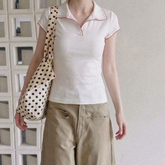 ブルベ夏/ブルベ冬服　配色POLO襟 スリム半袖Tシャツ