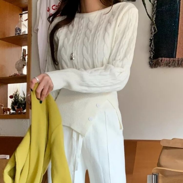 ブルベ夏服　ウエストシェイプ 厚手ニットプルオーバー