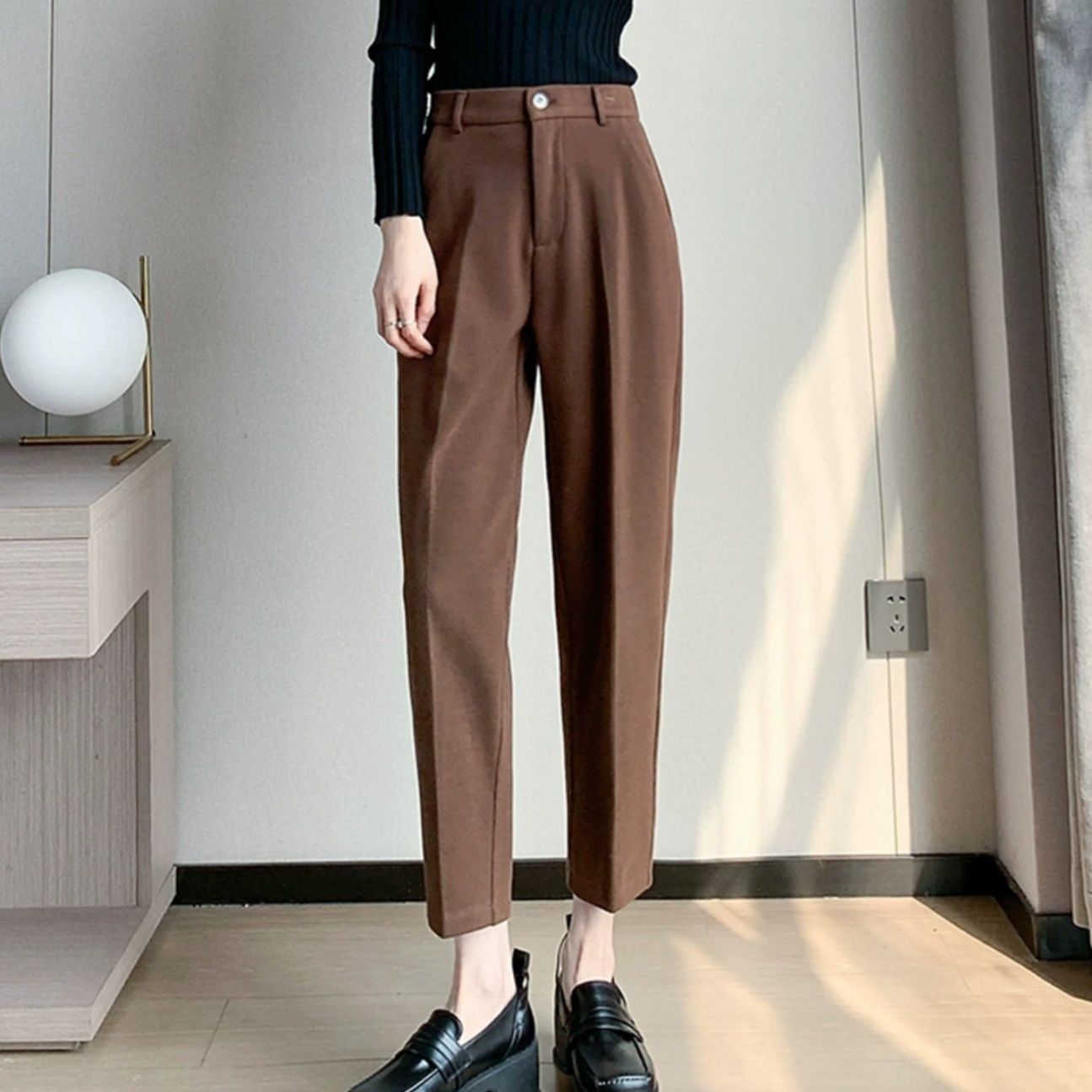 イエベ春/イエベ秋服　ウール調 裏起毛 ストレート 9分丈パンツ