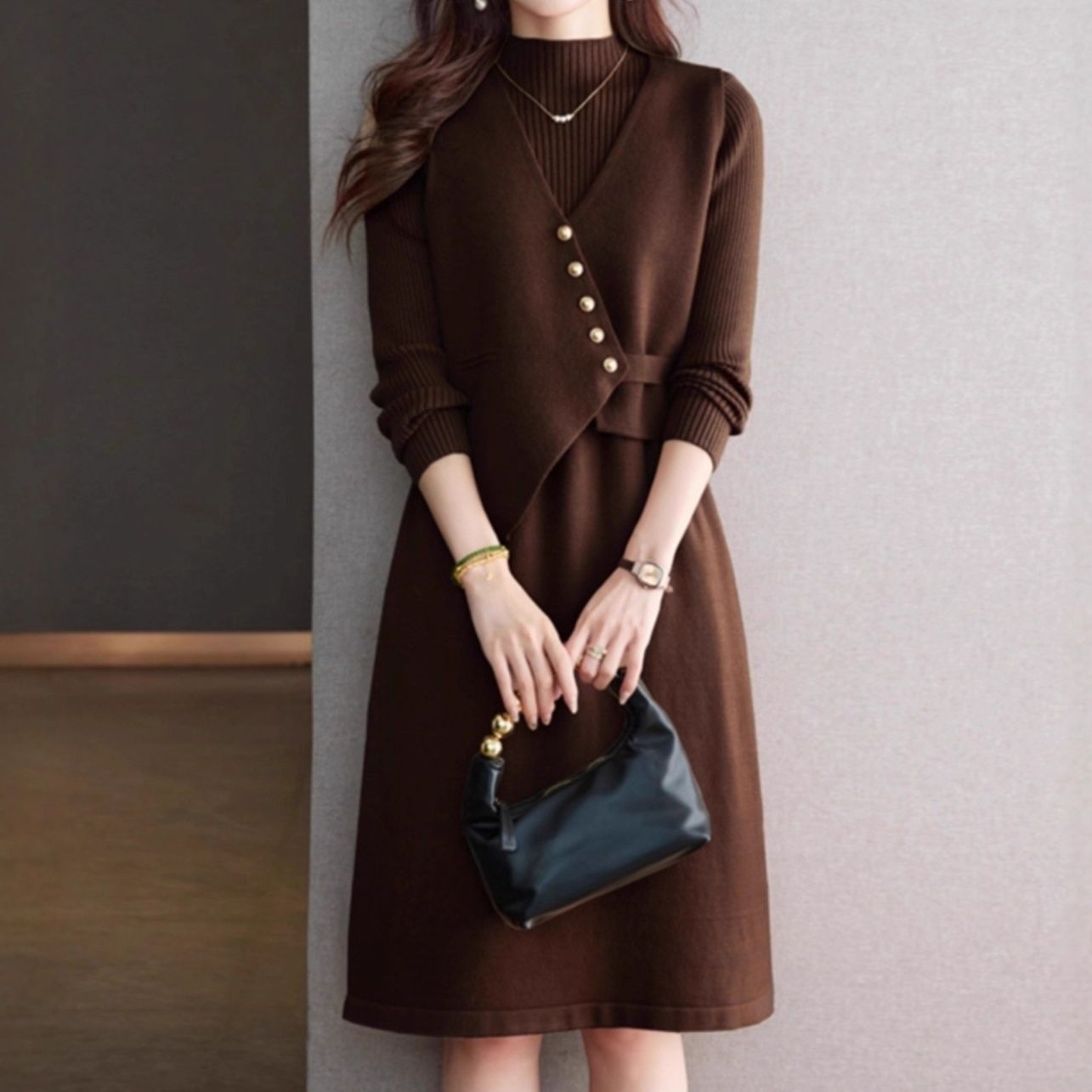 イエベ春/イエベ秋服　ニットベスト付き ワンピース ツーピースセットアップ