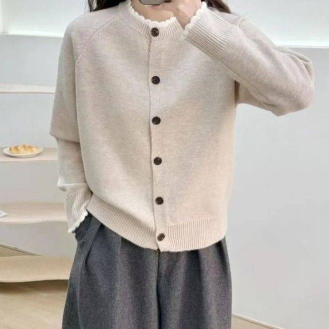 イエベ春/イエベ秋服　フリル襟 ゆったり 長袖ニットカーディガン