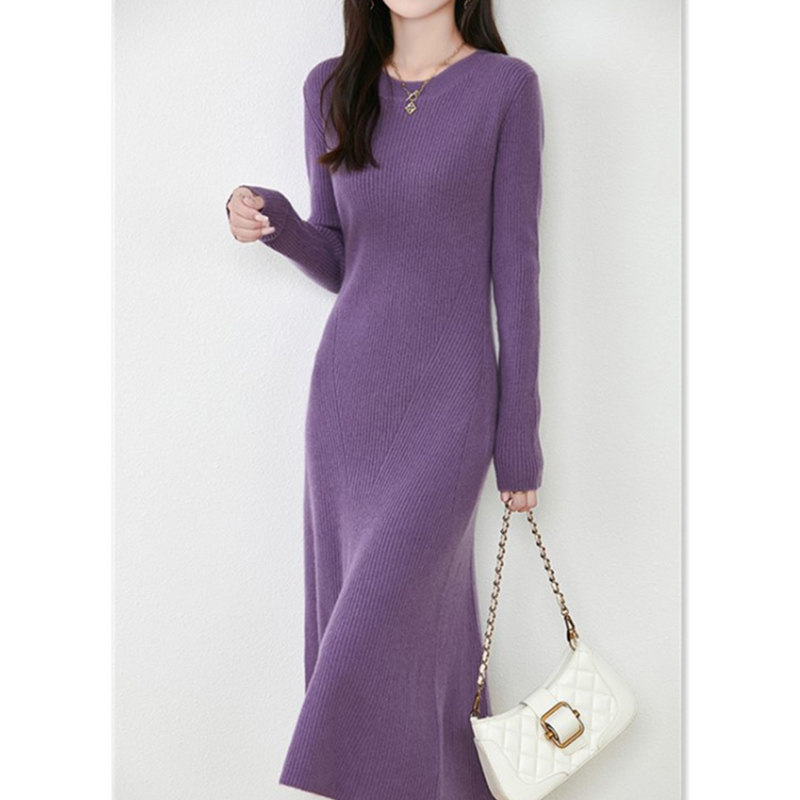 ブルベ夏/ブルベ冬服　リブ編み長袖ニットワンピース膝丈裾フレア