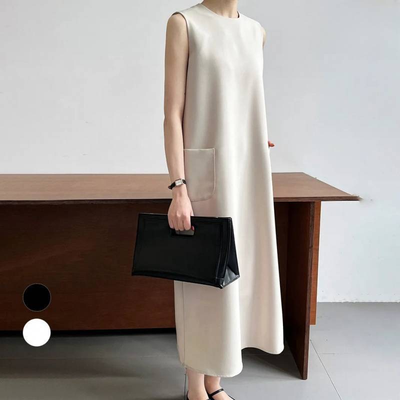 ブルベ夏/ブルベ冬服　ミニマルノースリーブポケット付きロングワンピース