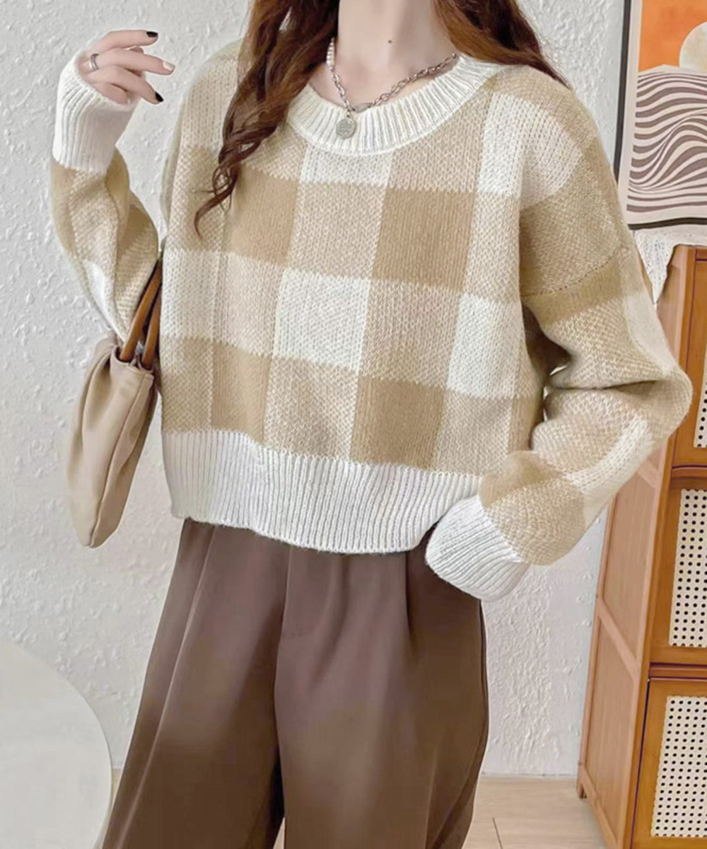 ブルベ服　ブロックチェック柄ショート丈ニット（ブルベ夏向け・ブルベ冬向け）