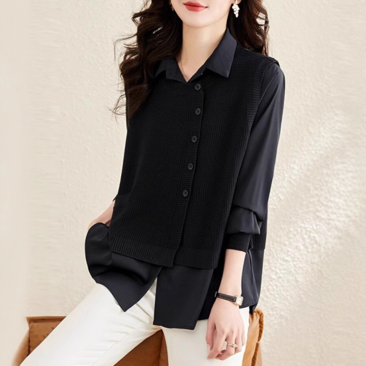 ブルベ夏/ブルベ冬服　襟付きニット切り替えドッキングシャツ