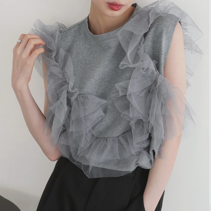 ブルベ夏/ブルベ冬服　チュール重ね上品ノースリーブブラウス