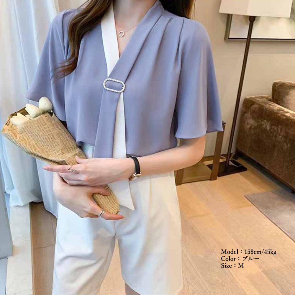 イエベ服　上品フレア袖 ブローチ付きシャツブラウス（イエベ春向け・イエベ秋向け）