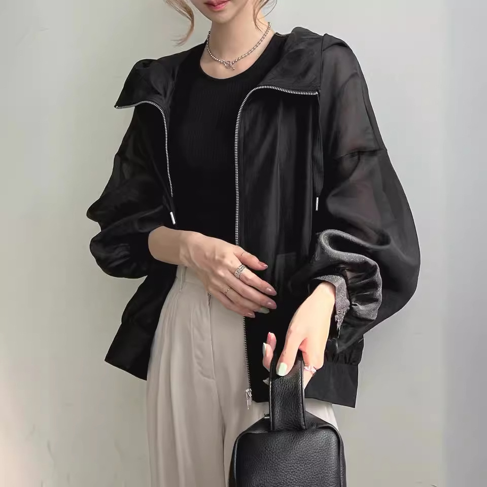 ブルベ夏/ブルベ冬服　 ボリューム袖フード付きジップアップブルゾン